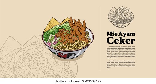 illustration of food from Southeast Asia, Indonesia, known as chicken noodles or mie ayam.