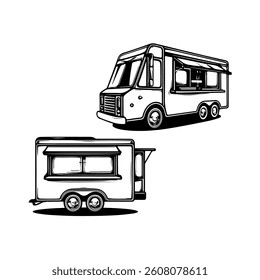 Illustration of an food truck. Design element for emblem, sign, badge. Vector illustration