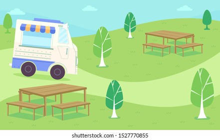 Illustration of a Food Truck Driving Around a Park with Trees and Outdoor Wooden Benches and Tables