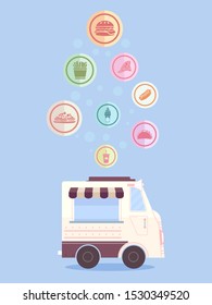 Illustration of a Food Truck with Food Icons Dropping Into It, From Burger, Fries, Pizza, Hotdog Sandwich, Pasta, Sundae, Tacos and Drinks