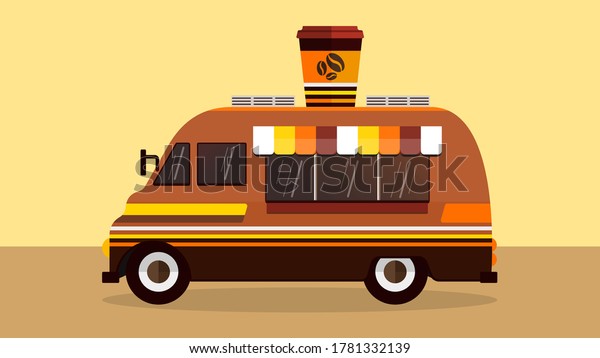 Illustration of\
the food truck on the road, a coffee truck in brown colors with\
paper cup on the roof goes on the\
road