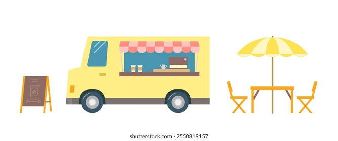 Illustration of a food truck selling coffee. A café business selling drinks in a mobile truck. A set of parasols, benches, and signage placed next to a yellow truck.