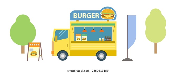 Illustration of a food truck selling hamburgers. A cafe business that sells snacks from mobile sales vehicles. A set of signboards and flags placed next to a yellow truck.