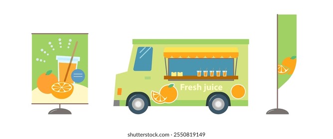 Illustration of a food truck selling orange juice. A business that sells fresh, fresh juice in a mobile vending truck.