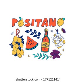 Illustration of foods drinks and city name.