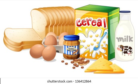 Illustration of the foods ideal for breakfast on a white background