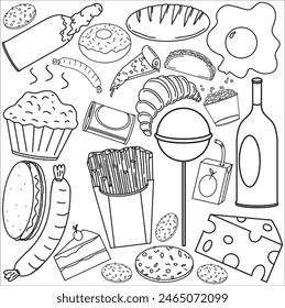 It is an illustration of foods that make into doodle for drawing and coloring book.