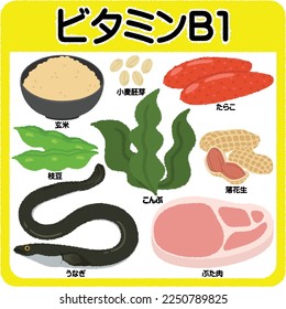 Illustration of foods with vitamin B1. The Japanese text means: vitamin B1, brown rice, wheat germ, cod roe, edamame, kombu, peanuts, eel, pork