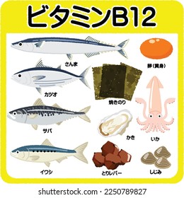 Illustration of foods with vitamin B12. Japanese text means Vitamin B12, pacific saury, Bonito. Mackerel, sardines, eggs (egg yolk), grilled seaweed, squid, oysters, chicken liver, freshwater clams