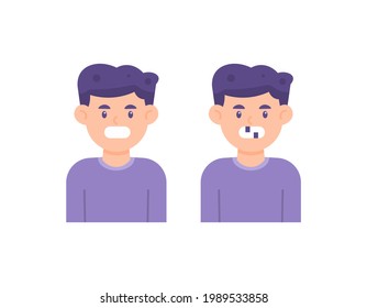 illustration of a foot boy showing his teeth or grimacing. toothless. grin. people's facial expressions. flat cartoon style. vector design