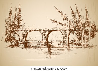 illustration of foot bridge in park in vintage style