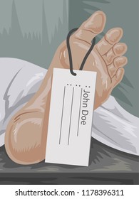 Illustration of a Foot of an Unidentified Deceased Person Laying Down at the Morgue with the Name Label John Doe