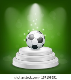Illustration football ball on white podium with light - vector