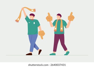 Illustration of football fans walking to the stadium, wearing team scarves and cheering