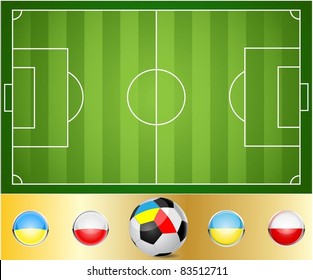 Illustration of a football field. Ball to the flags of Ukraine and Poland. Vector.