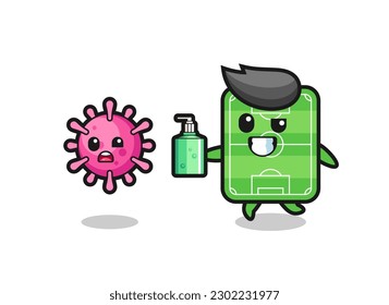 illustration of football field character chasing evil virus with hand sanitizer , cute style design for t shirt, sticker, logo element