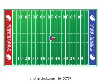 Illustration of a football field, with red and blue end zones