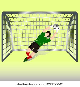 Illustration of a football goal. A football goalkeeper in a green T-shirt catches a ball, a cartoon silhouette on a light yellow background, a vector