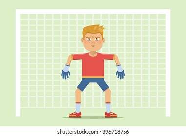 Illustration of a football goalkeeper. Confident goalkeeper defending the gates. Soccer penalty. Flat style vector illustration