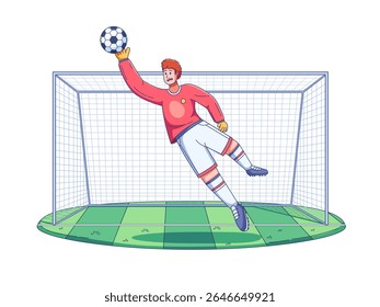 Ilustração de um goleiro de futebol saltando para o ar com um braço estendido tentando pegar a bola. A ação captura um momento crítico no jogo, mostrando o atletismo, agilidade