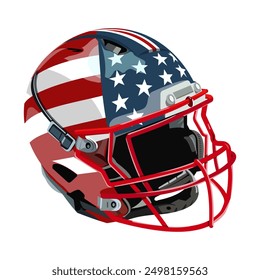 Illustration of a football helmet, front and side view, with an American flag image