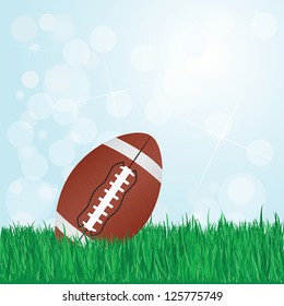 illustration of football on grass with sunshine and flare on background.
