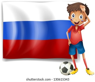 Illustration of a football player beside the flag of Russia on a white background