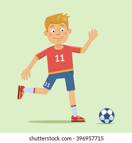 Illustration of a football player going to kick the ball. Soccer player, team game, training, match. Flat style vector illustration