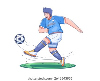 illustration of a football player kicking the ball with enthusiasm and energy on a green field. 
The player’s motion and posture reflect a thrilling moment in the game, emphasizing competitive spirit.