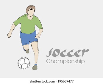 Illustration of a football player trying to kick a soccer ball and stylish text Soccer Championship on grey background. 