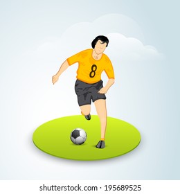 Illustration of a football player trying to kick soccer ball on green stage. 