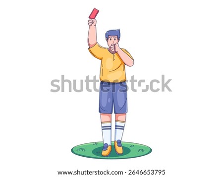 Illustration of a football referee on the field holding up a red card to indicate a serious foul or player ejection. 
The referee stands with authority, symbolizing rule enforcement and discipline