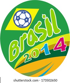 Illustration of a football soccer ball with Brazil Brazilian flag in background with words Brasil 2014 set inside oval on isolated background.