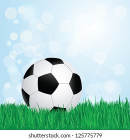 illustration of football, soccer ball on grass with sunshine and flare on background.