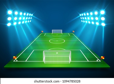 An illustration of Football soccer field with bright stadium lights shining on it. Vector EPS 10. Room for copy.