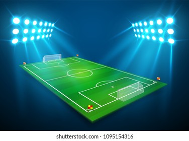 An illustration of Football soccer field with bright stadium lights shining on it. Vector EPS 10. Room for copy.