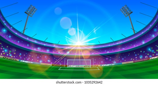 Illustration of football stadium in sunlight. Illustration of green field with gates on stadium lightened with sunshine.