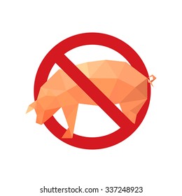 Illustration with forbidden icon and origami pig isolated on white background