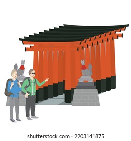 It is an illustration of a foreign backpacker sightseeing in Fushimi Inari, Kyoto.