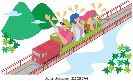 It is an illustration of a foreign tourist (summer) enjoying the truck train.