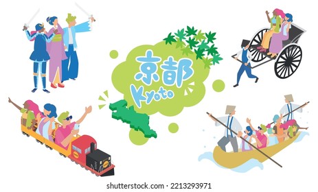 It is an illustration of a foreign tourist who enjoys sightseeing and leisure in Kyoto.