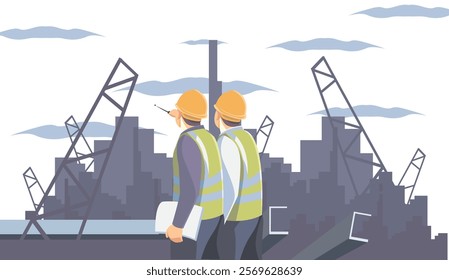 illustration of a foreman giving instructions in a building construction project suitable for use in property advertisements and development projects