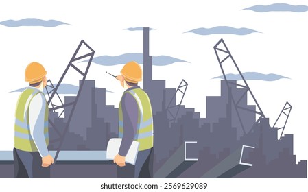 illustration of a foreman giving instructions in a building construction project suitable for use in property advertisements and development projects