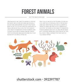 Illustration of forest animals with place fore your text. Cute animals including fox, bird, squirrel made in flat style. Banner or flyer template.