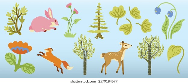 Illustration of forest animals and plants. Features a pink rabbit, a leaping fox, and a deer. Includes trees, leaves, and flowers in a natural setting. Animal illustrations, isolated vector set.