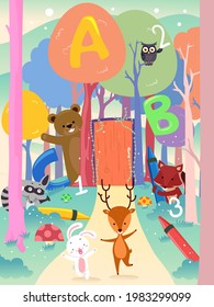 Illustration of Forest Animals Welcoming by the Door with ABC and 123