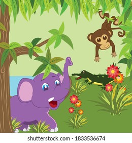 Illustration of forest background and various animals