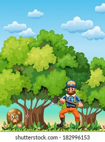 Illustration of a forest with a bear and a lumberjack