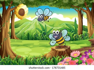 Illustration of a forest with bees and a beehive