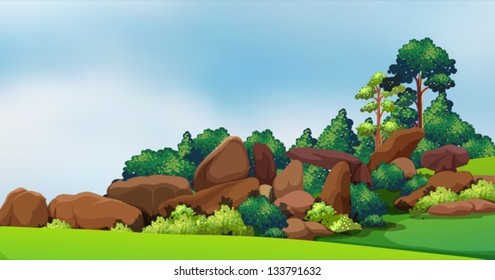 Illustration of a forest with big rocks